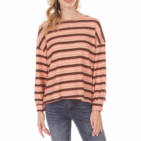 Lush Sweaters - Lush > Pink Waffle Striped Sweater Small